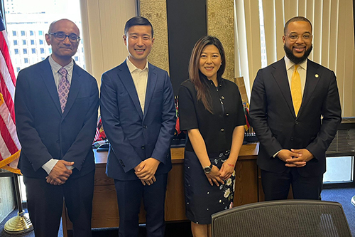 The Director of HKETONY, Maisie Ho, reinforced the bilateral ties between Hong Kong and Boston during her duty visit to Boston, Massachusetts. Photo shows Ms Ho (second right) with officials from the Mayor's Office of Boston during a meeting on June 10 (Boston time): Senior Advisor for Partnerships, Stephen Chan (second left) and the Chief of Economic Opportunity and Inclusion, Segun Idowu (first right). Also attending the meeting is the Head of Business and Talent Attraction / Investment Promotion of the HKETONY, Ranjit Unnithan (first left).